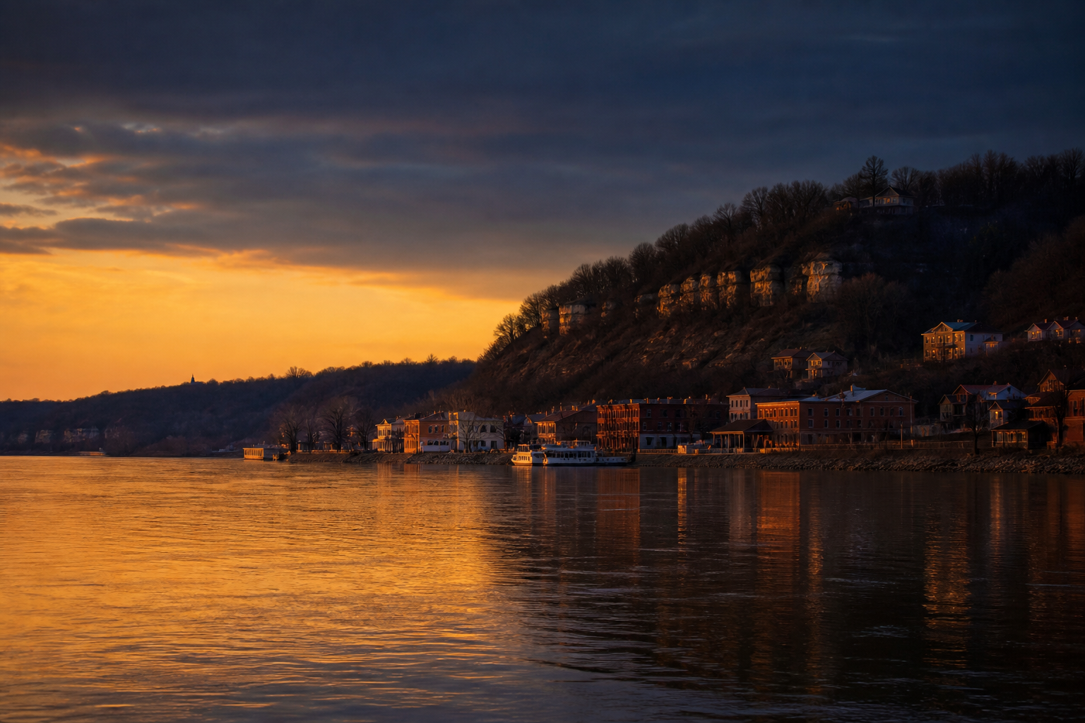 A Missouri river town bluff in late-day amber light.